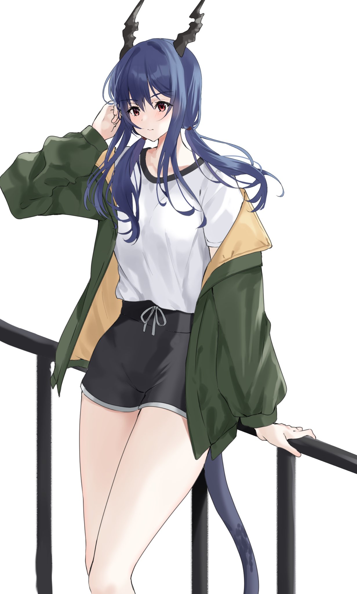 1girl adjusting_hair against_railing alternate_costume arknights arm_behind_back black_shorts blue_hair blush casual ch'en_(arknights) dragon_girl dragon_horns dragon_tail green_jacket hair_between_eyes hand_to_head hand_to_own_face hand_up highres hip_focus horns jacket leaning_back legs_together lily0428 long_hair looking_at_viewer off_shoulder open_clothes open_jacket railing red_eyes shirt short_shorts shorts solo standing tail thighs wavy_mouth white_shirt