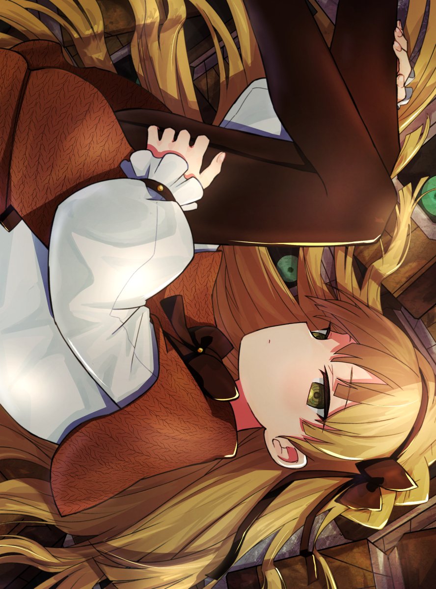 1girl blonde_hair bow bowtie brown_bow brown_bowtie brown_capelet brown_hairband brown_pantyhose brown_skirt capelet closed_mouth hair_bow hairband highres lobotomy_corporation long_hair long_sleeves looking_at_viewer lying on_side pantyhose project_moon puffy_long_sleeves puffy_sleeves robot shirt skirt solo tiphereth_a_(project_moon) tiphereth_b_(project_moon) very_long_hair white_shirt york0pm