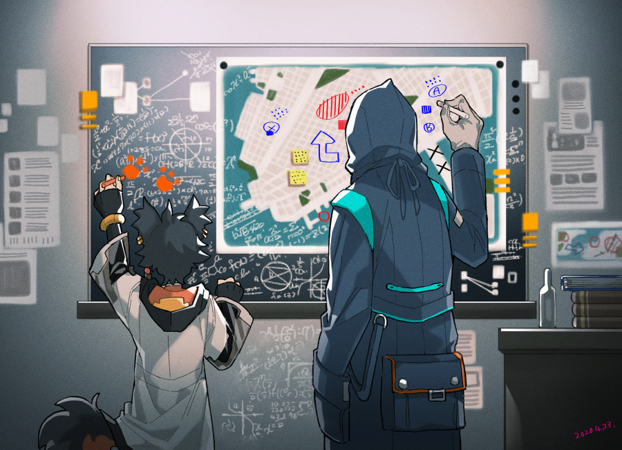 1boy 1other aak_(arknights) animal_ears arknights arrow_(symbol) bag black_gloves black_hair blue_jacket book bottle chalkboard coat commentary_request doctor_(arknights) equation facing_away fingerless_gloves gloves holding holding_pen hood hooded_jacket indoors jacket lab_coat long_sleeves map nishi_juuji paper pawpads pen short_hair table tail white_coat white_gloves writing