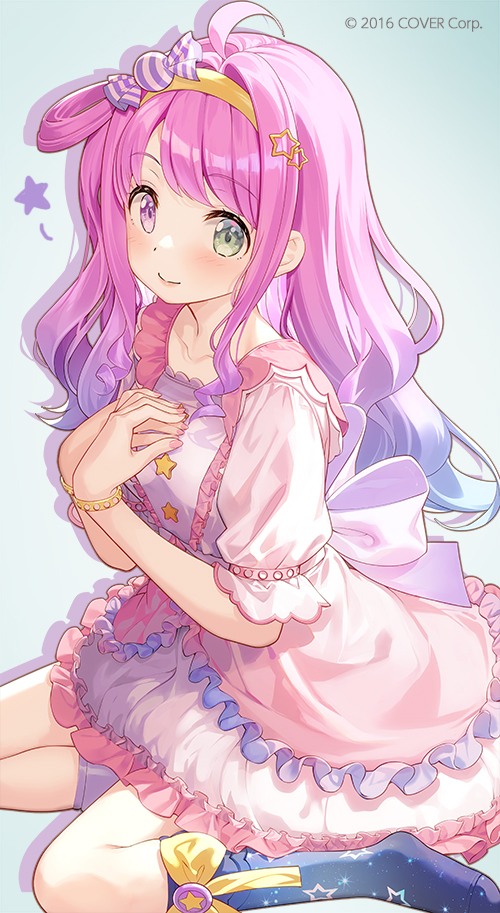 1girl black_socks blue_hair breasts closed_mouth commentary_request dress frilled_dress frills fujima_takuya gradient_hair green_eyes hair_ornament hairband hands_up heterochromia himemori_luna hololive kneehighs long_hair long_sleeves looking_at_viewer multicolored_hair nail_polish no_shoes pink_dress pink_hair pink_nails print_socks puffy_long_sleeves puffy_sleeves sitting small_breasts smile socks solo star_(symbol) star_hair_ornament star_print very_long_hair violet_eyes virtual_youtuber wariza white_dress yellow_hairband