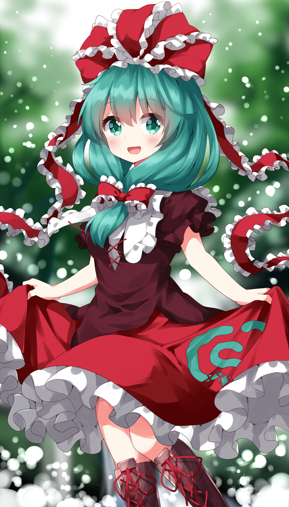 1girl blurry blurry_background boots bow dress frilled_bow frilled_dress frilled_ribbon frilled_sleeves frills front_ponytail hair_bow hair_ribbon highres kagiyama_hina lifted_by_self puffy_short_sleeves puffy_sleeves red_bow red_ribbon ribbon ruu_(tksymkw) short_sleeves smile solo touhou