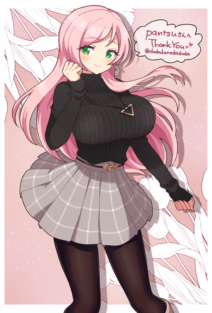 1girl black_pantyhose black_sweater borrowed_character breasts checkered_clothes checkered_skirt closed_mouth cropped_legs dadadanoda earrings flower green_eyes grey_skirt jewelry large_breasts long_hair long_sleeves looking_at_viewer necklace original pantyhose pink_background pink_hair pleated_skirt ribbed_sweater skirt sleeves_past_wrists smile solo sweater sweater_tucked_in swept_bangs turtleneck turtleneck_sweater