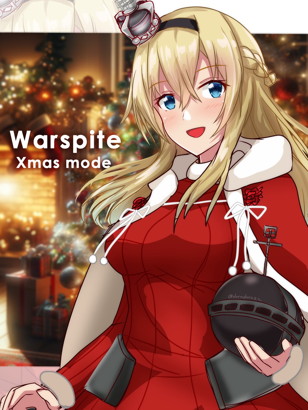1girl black_hairband blonde_hair blue_eyes braid capelet character_name crown dress fireplace french_braid fur-trimmed_capelet fur_trim globus_cruciger hairband highres holding kantai_collection long_hair long_sleeves mini_crown official_alternate_costume red_capelet red_dress roko_roko_(doradorazz) smile solo upper_body warspite_(kancolle)