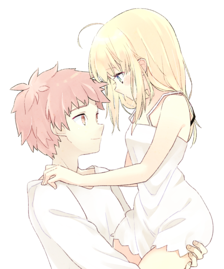 1boy 1girl 87banana ahoge artoria_pendragon_(fate) blonde_hair couple emiya_shirou fate/stay_night fate_(series) green_eyes hands_on_another's_shoulders looking_at_another nightgown redhead saber shirt white_nightgown white_shirt