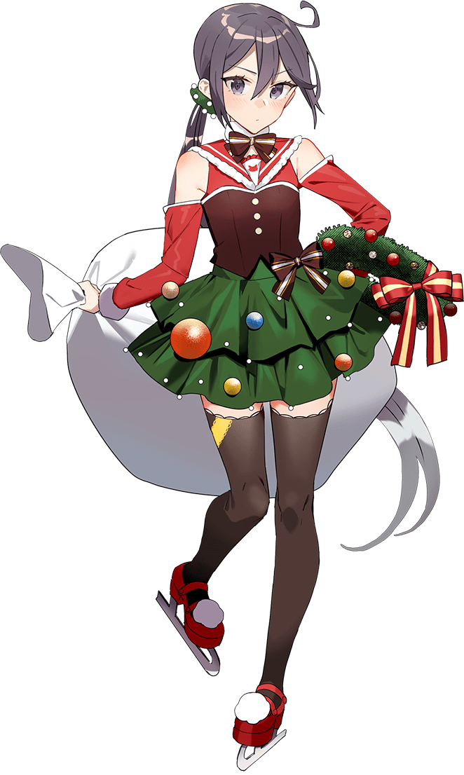 1girl akebono_(kancolle) black_thighhighs bow bowtie christmas christmas_ornaments christmas_wreath closed_mouth dress drew_(drew213g) full_body green_skirt kantai_collection long_hair looking_at_viewer official_art open_mouth red_dress sack side_ponytail skate skirt solo thigh-highs third-party_source transparent_background very_long_hair wreath