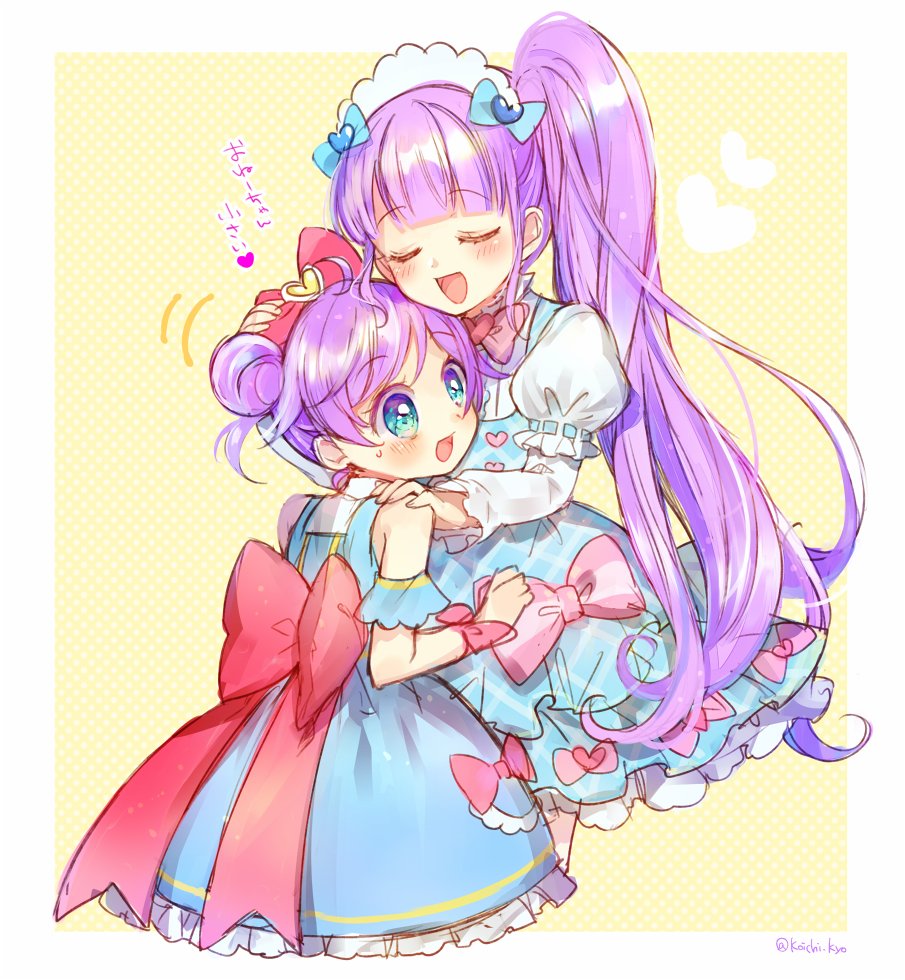 2girls :d ahoge blue_bow blue_dress blue_eyes blunt_bangs blush bow closed_eyes commentary_request cropped_legs double_bun dress frilled_dress frills hair_bow hair_bun hand_on_another's_shoulder headpat heads_together idol_clothes idol_time_pripara lolita_fashion long_hair long_sleeves maid_headdress manaka_laala manaka_laala_(young) manaka_non multiple_girls open_mouth pink_bow pretty_series pripara purple_hair short_hair siblings side_ponytail sisters smile standing sweatdrop sweet_lolita touyama_soboro very_long_hair yellow_background