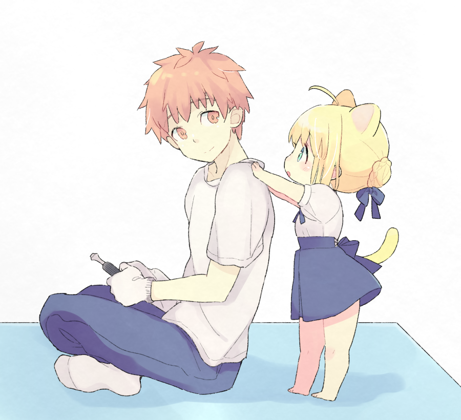 1boy 1girl 87banana aged_down ahoge animal_ears artoria_pendragon_(fate) barefoot blonde_hair blouse blue_bow blue_pants blue_skirt bow braid brown_eyes cat_ears cat_tail emiya_shirou fate/stay_night fate_(series) french_braid gloves green_eyes hair_bow hair_bun hand_on_another's_shoulder holding holding_screwdriver pants redhead saber screwdriver shirt skirt socks tail white_shirt