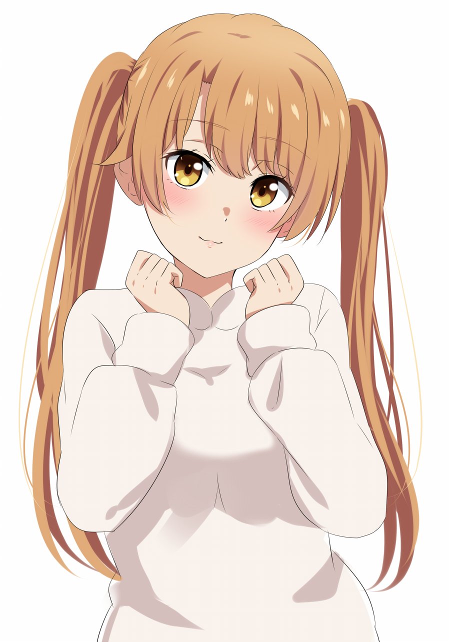 1girl alternate_hair_length alternate_hairstyle blush brown_hair closed_mouth commentary_request dars_(recolors) highres isshiki_iroha long_hair long_sleeves simple_background smile solo sweater twintails upper_body white_background white_sweater yahari_ore_no_seishun_lovecome_wa_machigatteiru. yellow_eyes