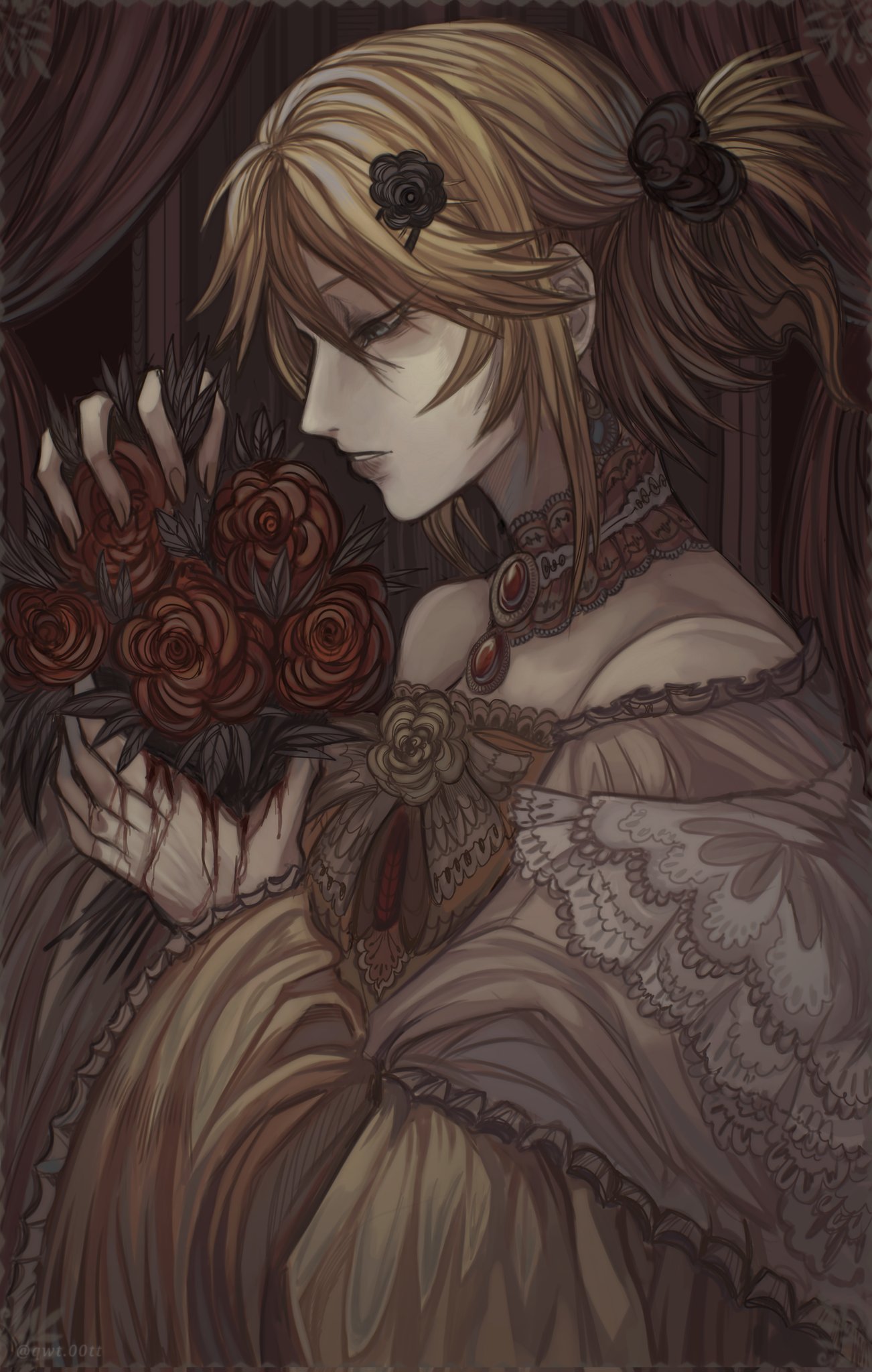 1girl aku_no_musume_(vocaloid) black_flower black_rose blonde_hair blood blood_on_hands blue_eyes bouquet bow brooch choker dress dress_bow dress_flower earrings evillious_nendaiki eyelashes flower frilled_dress frills gem hair_flower hair_ornament hairclip half-closed_eyes highres holding holding_bouquet jewelry kagamine_rin looking_down off-shoulder_dress off_shoulder parted_lips qwt00tt red_curtains red_flower red_gemstone red_rose riliane_lucifen_d'autriche rose sepia short_ponytail side_ponytail sidelocks solo vocaloid wide_sleeves yellow_choker yellow_dress