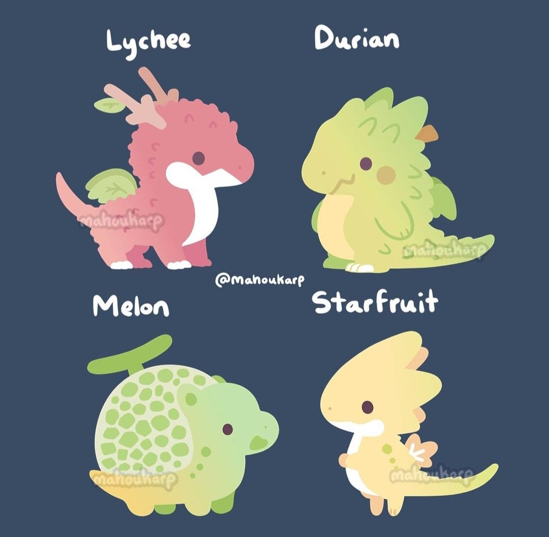 :d animal animal_focus artist_name blue_background blush_stickers commentary dragon durian english_commentary english_text food food-themed_creature from_side fruit horns leaf lychee mahoukarp melon no_humans open_mouth original simple_background smile starfruit twitter_username watermark