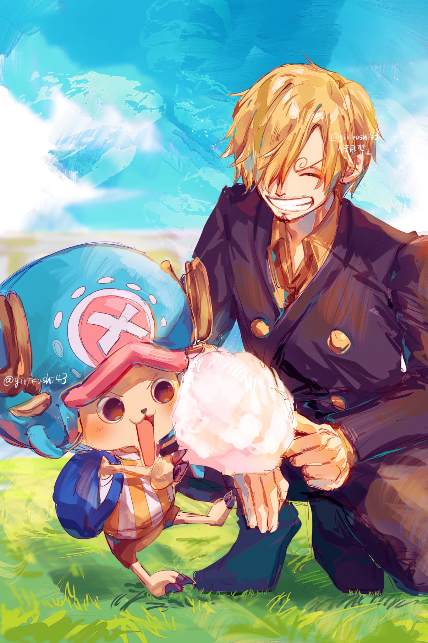 2boys :d artist_name backpack bag blonde_hair blue_bag blue_sky closed_eyes clouds commentary_request cotton_candy girikashi43 hair_over_one_eye highres kneeling male_focus multiple_boys on_grass one_piece sanji_(one_piece) short_hair sky smile standing teeth tony_tony_chopper v-shaped_eyebrows