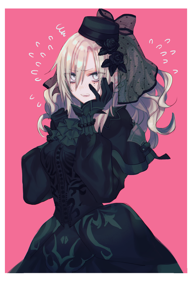 1girl ascot black_ascot black_capelet black_dress black_flower black_gloves black_headwear black_rose black_veil blonde_hair blush border capelet clenched_hand clenched_teeth dress eyes_visible_through_hair fate/grand_order fate_(series) flower flying_sweatdrops furrowed_brow gloves grey_eyes hair_flower hair_ornament hand_on_own_cheek hand_on_own_face hand_up hat kanitama_(putyourhead) kriemhild_(fate) long_hair long_sleeves looking_at_viewer mole mole_under_eye pink_background ponytail rose simple_background solo squiggle teeth veil wavy_hair white_border