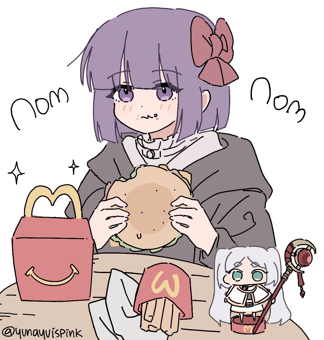 1girl aged_down artist_name black_coat bow burger character_doll coat dress eating fern_(sousou_no_frieren) figure food french_fries frieren hair_bow holding holding_food mcdonald's purple_hair red_bow short_hair simple_background sitting solo sound_effects sousou_no_frieren twitter_username white_background white_dress yunayuispink