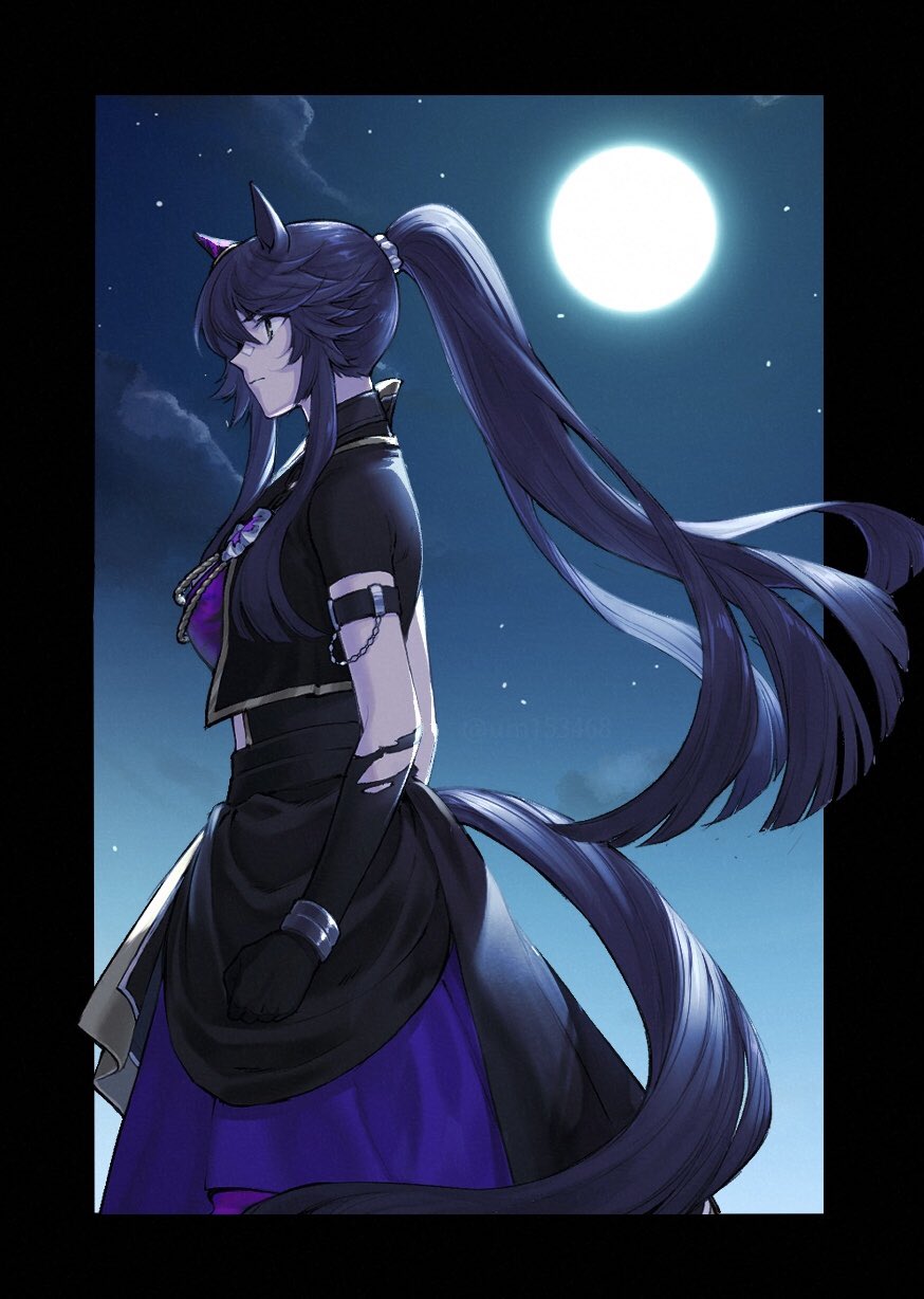 1girl animal_ears armband bandaid bandaid_on_face bandaid_on_nose black_eyes black_gloves black_hair black_jacket border breasts clenched_hand closed_mouth clouds cropped_jacket elbow_gloves feet_out_of_frame from_side full_moon gloves highres horse_ears horse_girl horse_tail jacket long_hair moon narita_brian_(hungry_wolves)_(umamusume) narita_brian_(umamusume) night outdoors outside_border ponytail profile shirt short_sleeves sideways_mouth skirt small_breasts solo standing star_(sky) tail torn_clothes torn_gloves umamusume uruimu