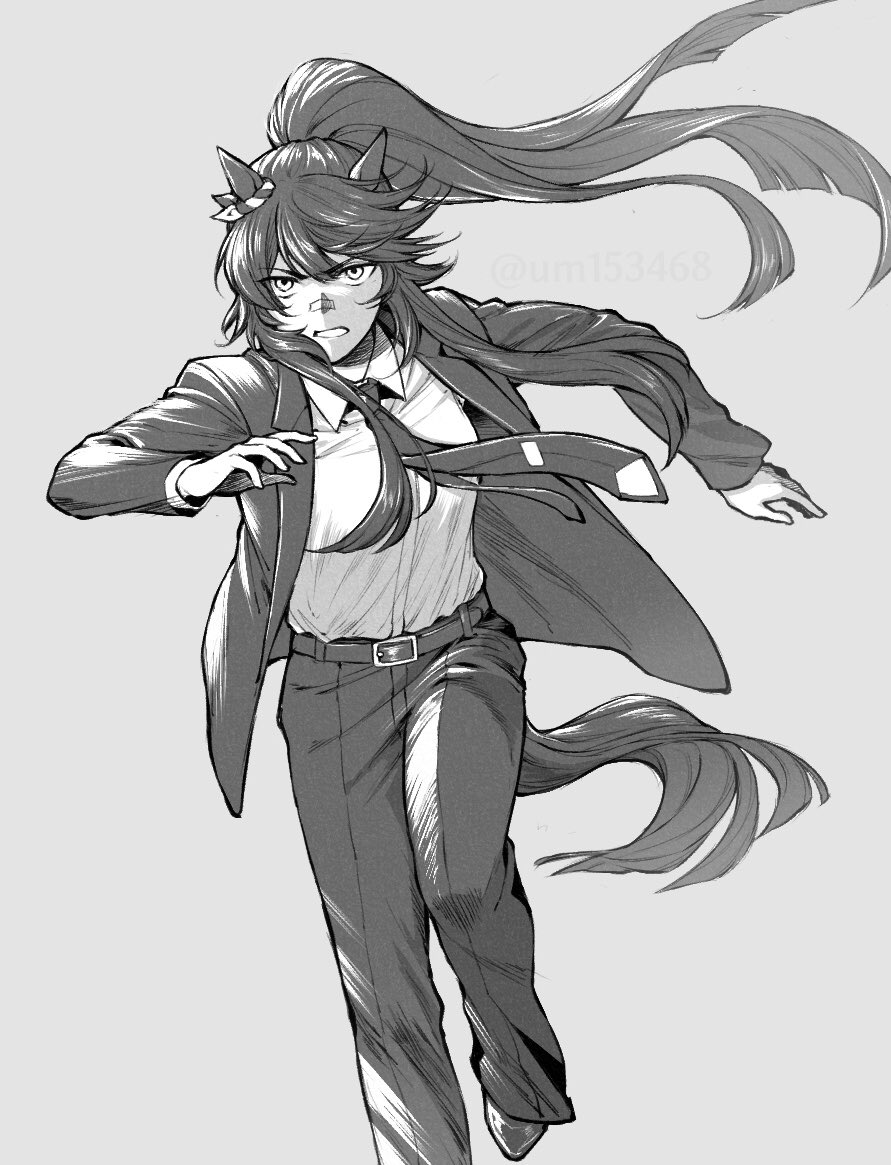 1girl alternate_costume animal_ears bandaid bandaid_on_face bandaid_on_nose belt breasts clenched_teeth collared_shirt foot_out_of_frame greyscale horse_ears horse_girl horse_tail jacket long_hair long_sleeves looking_at_viewer monochrome narita_brian_(umamusume) necktie open_clothes open_jacket open_mouth pant_suit pants ponytail running shirt shirt_tucked_in shoes small_breasts solo suit tail teeth umamusume uruimu v-shaped_eyebrows
