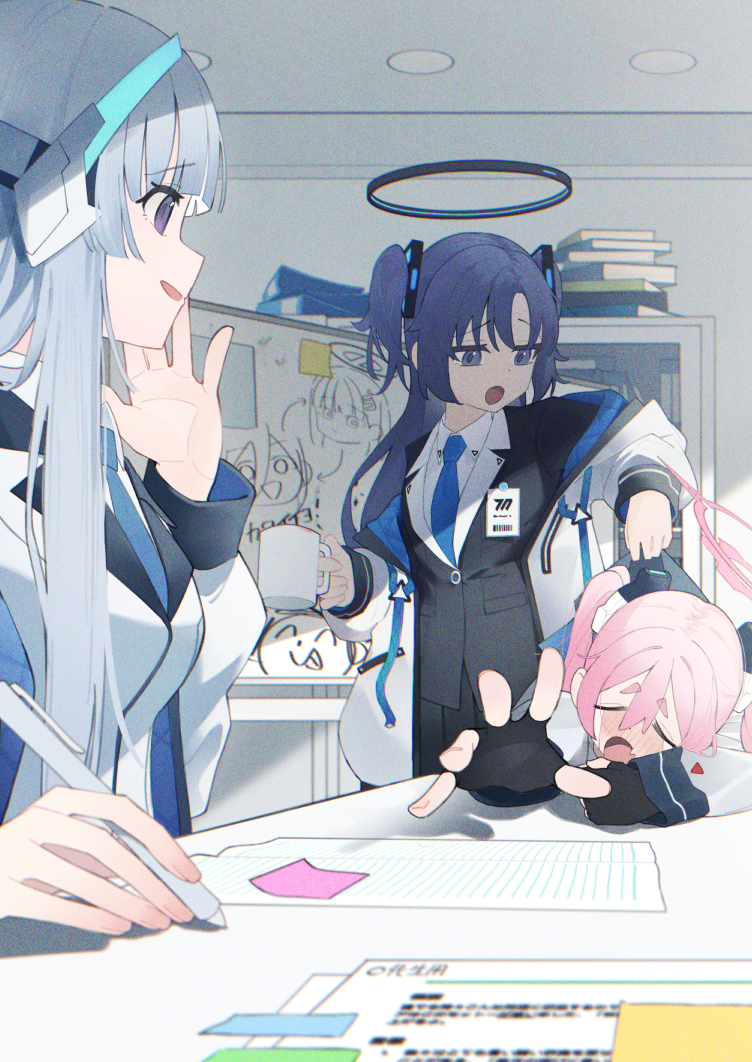 3girls anohito401 arona's_sensei_doodle_(blue_archive) black_gloves blue_archive blue_necktie blush closed_eyes collared_shirt fang fingerless_gloves gloves grey_hair halo indoors jacket koyuki_(blue_archive) long_hair long_sleeves mechanical_halo multiple_girls necktie noa_(blue_archive) open_clothes open_jacket open_mouth pink_hair pink_halo purple_hair rio_(blue_archive) seminar_(blue_archive) sensei_(blue_archive) shirt skin_fang smile sticky_note suit twintails two-sided_fabric two-sided_jacket two_side_up violet_eyes white_jacket white_shirt whiteboard yuuka_(blue_archive)
