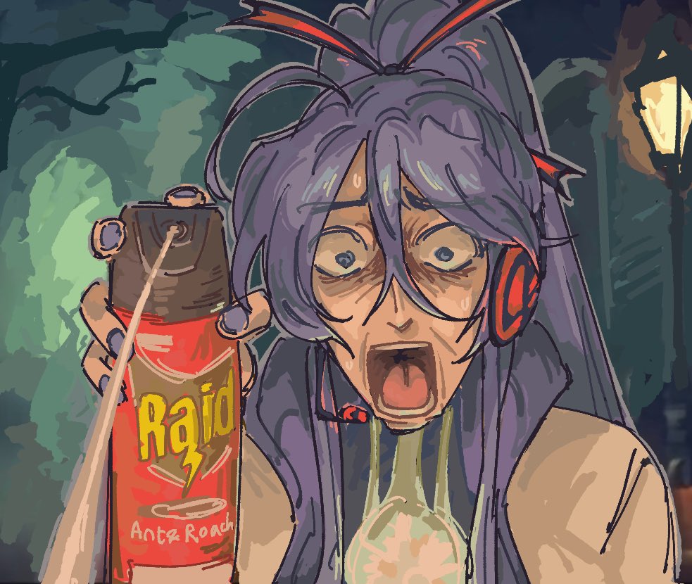 1boy aerosol bags_under_eyes bug_spray coat collared_coat comedy constricted_pupils green_background hair_between_eyes hair_ribbon headphones headset insecticide kamui_gakupo lamppost long_hair looking_at_viewer lottaiuv92 meme open_mouth ponytail purple_hair purple_nails ribbon scared screaming sidelocks spraying upper_body very_long_hair victor_van_dort_spraying_raid_and_screaming_(meme) violet_eyes vocaloid white_coat wrinkled_skin
