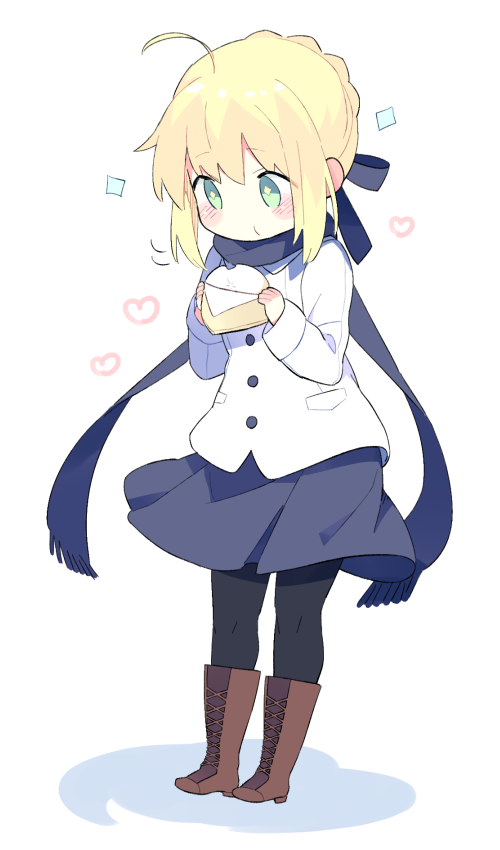 1girl 87banana ahoge artoria_pendragon_(fate) black_thighhighs blonde_hair blue_bow blue_skirt boots bow brown_footwear coat cross-laced_footwear eating fate/stay_night fate_(series) food green_eyes hair_bow heart holding holding_food lace-up_boots overcoat saber scarf skirt solo thigh-highs