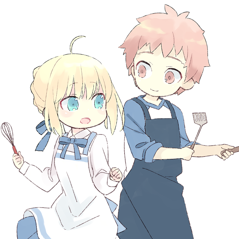 1boy 1girl 87banana ahoge apron artoria_pendragon_(fate) blonde_hair brown_eyes couple fate/stay_night fate_(series) green_eyes holding holding_spatula holding_whisk redhead saber spatula whisk white_background