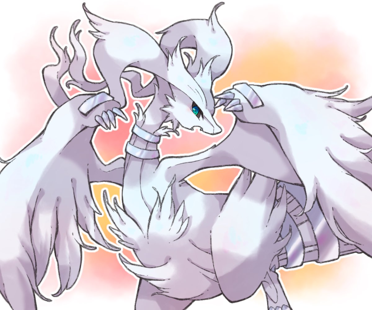 animal_focus black_sclera blue_eyes colored_sclera commentary_request dragon fangs no_humans open_mouth pokemon pokemon_(creature) reshiram towa_(clonea) watercolor_background white_background white_fur
