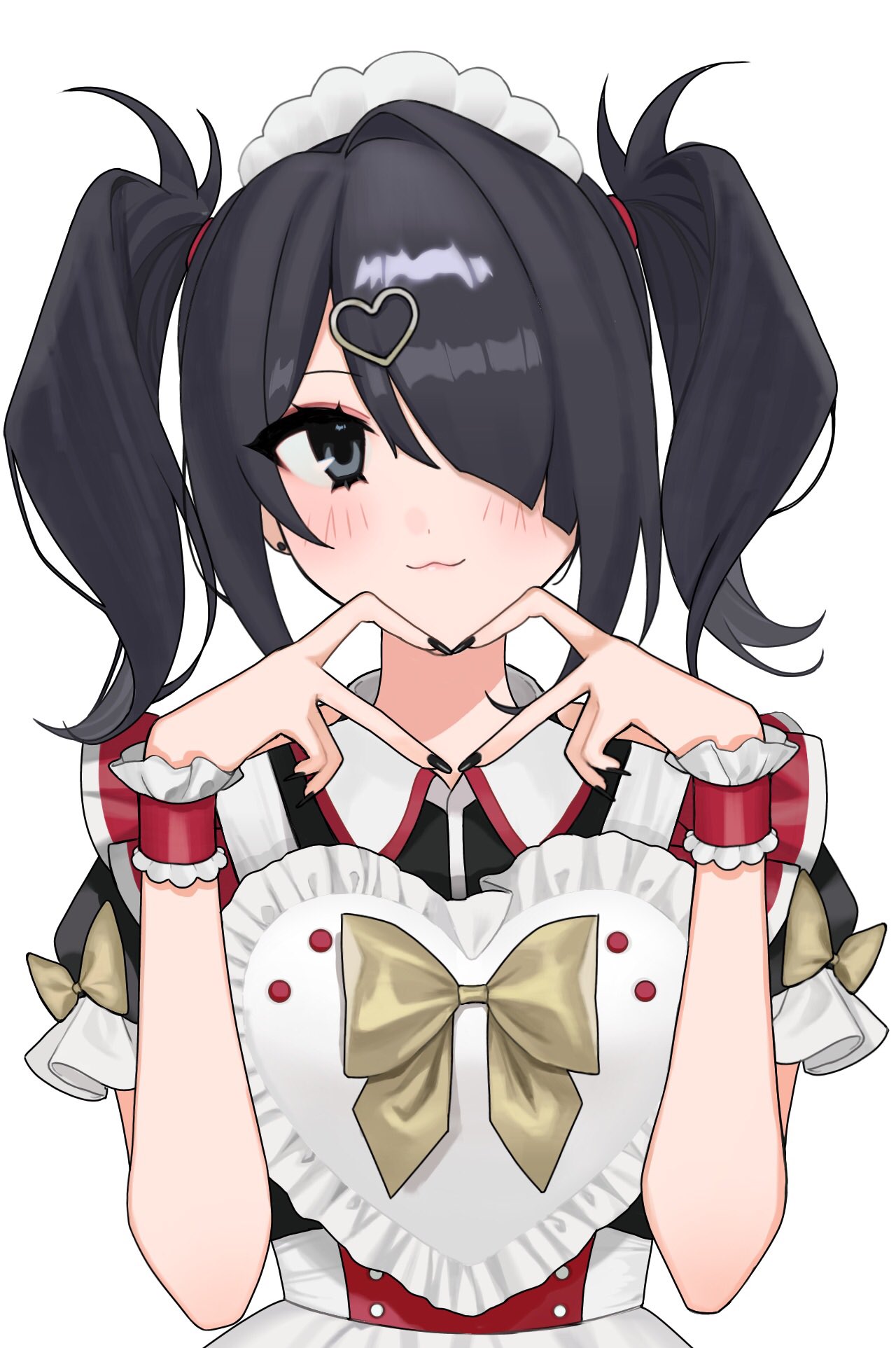 1girl :3 ame-chan_(needy_girl_overdose) black_dress black_hair black_nails bow closed_mouth collared_dress dress frilled_sleeves frills grey_eyes hair_ornament hair_over_one_eye hair_tie hands_up heart heart_hair_ornament heart_hands highres long_hair looking_at_viewer maid maid_headdress nail_polish needy_girl_overdose official_alternate_costume puffy_short_sleeves puffy_sleeves short_sleeves simple_background smile solo sweets_paradise twintails upper_body white_background wrist_cuffs yellow_bow yumeno_(yume0601)