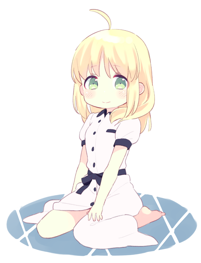 1girl 87banana ahoge artoria_pendragon_(fate) barefoot black_bow blonde_hair blush bow fate/stay_night fate_(series) green_eyes hair_down official_alternate_costume saber seiza sitting smile solo