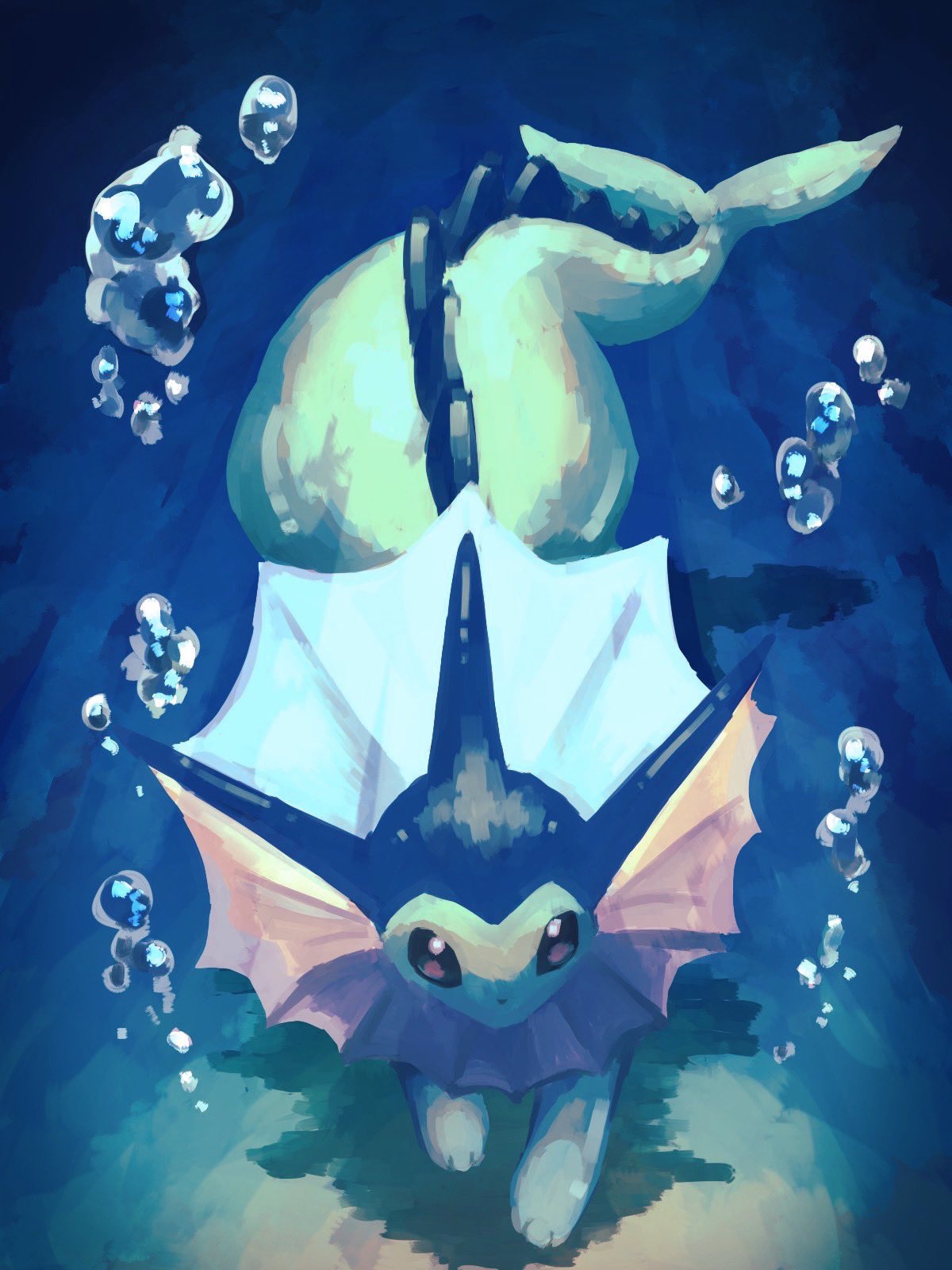 7_phi_3 animal_focus black_eyes blue_skin bubble colored_skin commentary_request fins forked_tail from_above head_fins highres no_humans pokemon pokemon_(creature) solo tail underwater vaporeon