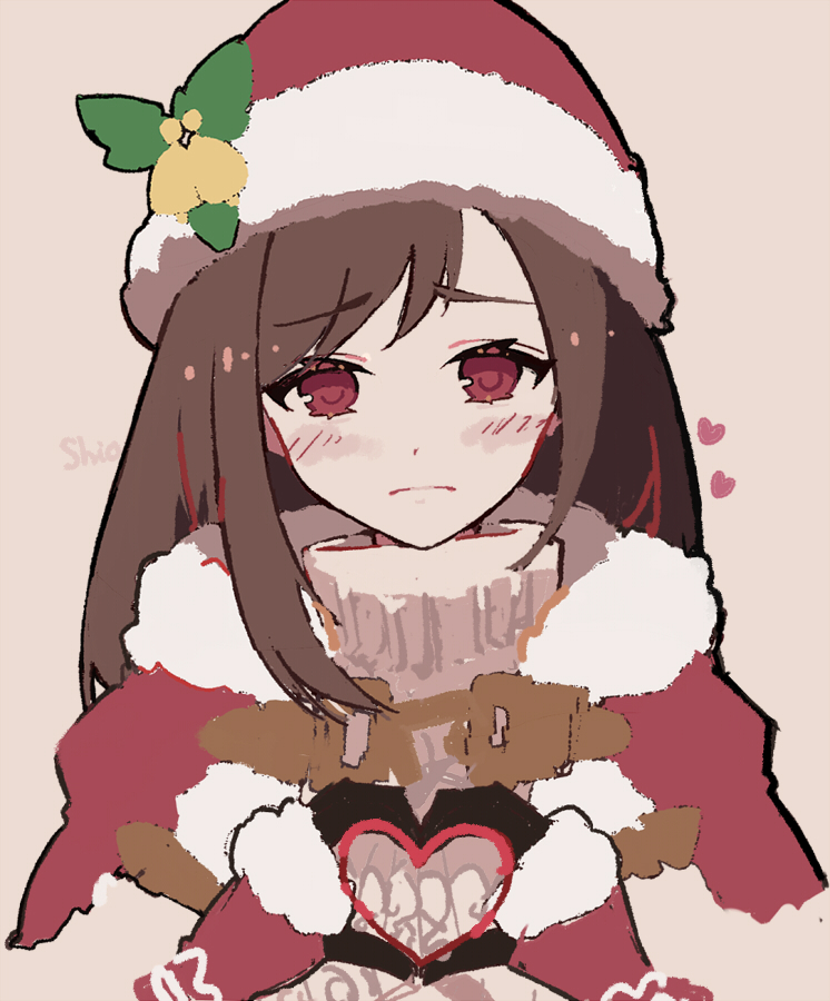 1girl artist_name blush brown_hair capelet christmas closed_mouth final_fantasy final_fantasy_vii final_fantasy_vii_ever_crisis frown fur-trimmed_capelet fur-trimmed_gloves fur-trimmed_headwear fur_trim gloves grey_background hat hat_bell heart heart_hands hiyunagi leaf_hat_ornament long_hair looking_at_viewer official_alternate_costume red_eyes red_gloves santa_costume santa_hat shy solo sweater swept_bangs tifa_lockhart turtleneck turtleneck_sweater upper_body white_fur white_sweater