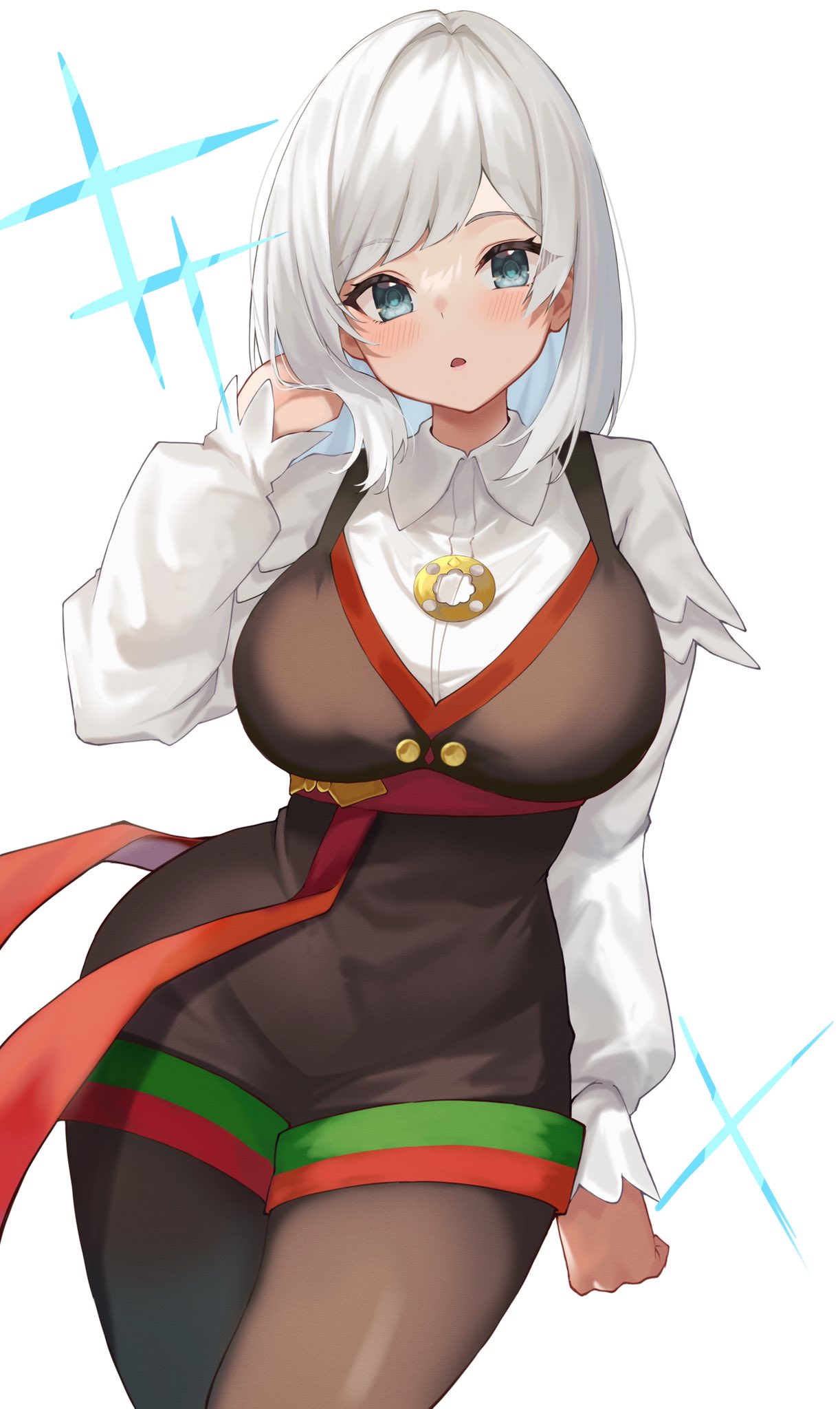 1girl akershus_fortress_(oshiro_project) black_dress black_pantyhose blue_eyes bob_cut breasts dress grey_hair hand_in_own_hair highres large_breasts long_sleeves looking_at_viewer oshiro_project oshiro_project_re pantyhose puffy_sleeves shirt solo thighs udon_(udonalium) white_background white_shirt