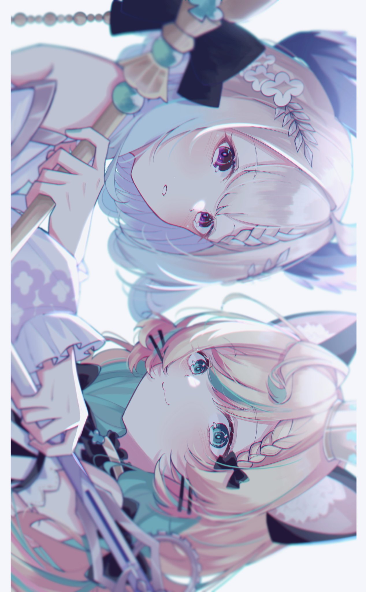 2girls :3 animal_ears bare_shoulders black_bow blonde_hair blue_hair blue_nails blurry blush bob_cut bow braid cat_ears crown depth_of_field enna_alouette enna_alouette_(2nd_costume) flower gold_choker gradient_hair green_eyes hair_bow hair_flower hair_ornament halterneck hand_up head_wings highres holding holding_staff long_sleeves looking_at_viewer low_twintails medium_hair millie_parfait millie_parfait_(2nd_costume) mini_crown multicolored_hair multiple_girls nijisanji nijisanji_en noa_hxx official_alternate_costume pillarboxed purple_wings staff streaked_hair twintails violet_eyes virtual_youtuber whiskers white_background white_flower wings