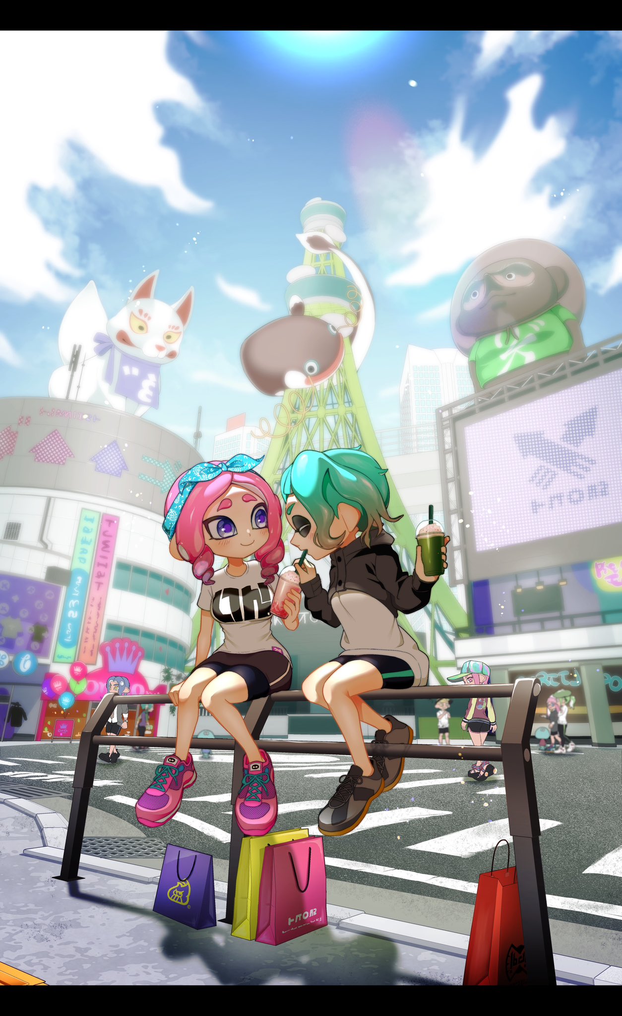 bag bike_shorts black_footwear blue_bow blue_hair blue_sky blurry blurry_background bow breasts building closed_eyes clouds commentary_request cross-laced_footwear drink drinking drinking_straw fox highres holding holding_drink inkling inkling_boy inkling_girl jellyfish_(splatoon) letterboxed looking_back medium_hair multiple_boys multiple_girls octoling octoling_boy octoling_girl on_railing pink_footwear pink_hair print_bag railing shirt shoes short_hair sitting sky smile splatoon_(series) splatoon_1 tkhrskrrmy violet_eyes white_shirt zapfish