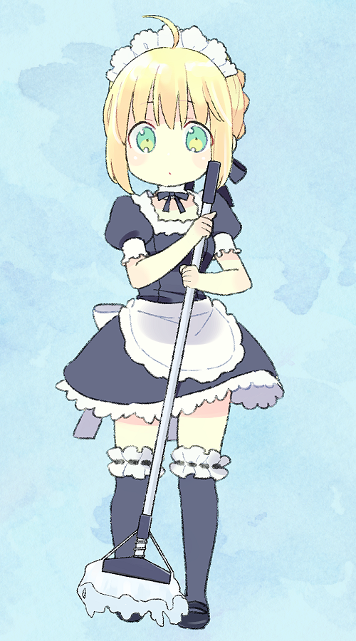 1girl 87banana ahoge apron artoria_pendragon_(fate) black_bow black_thighhighs blonde_hair bow fate/stay_night fate_(series) green_eyes hair_bow holding holding_mop lace-trimmed_legwear lace_trim maid maid_apron maid_headdress mop saber solo thigh-highs
