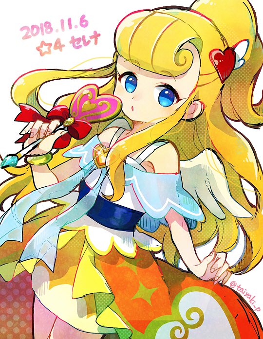 1girl angel_wings blonde_hair blue_bow blue_eyes bow dated doradorakingyo fingernails hair_ornament heart heart_hair_ornament holding holding_wand long_hair looking_at_viewer ponytail puyopuyo puyopuyo_quest red_bow serena_(puyopuyo) shirt solo twitter_username very_long_hair wand white_background white_shirt wings