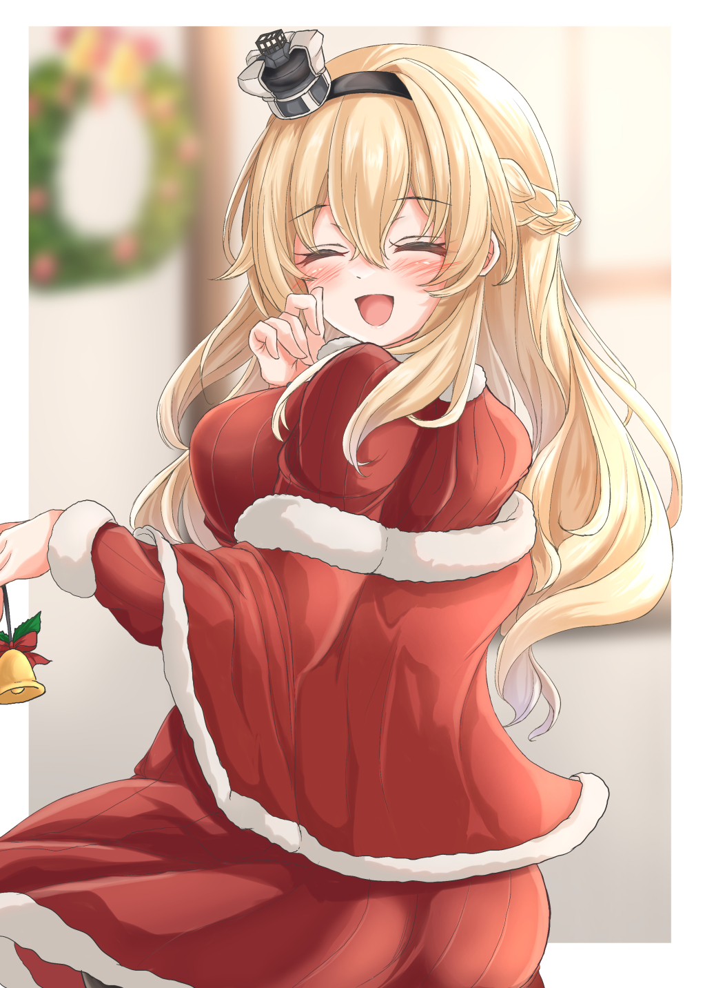 1girl bell black_hairband blonde_hair blurry blurry_background braid capelet christmas_wreath closed_eyes commentary_request crown dress french_braid fur-trimmed_capelet fur-trimmed_dress fur_trim hairband highres kantai_collection kasashi_(kasasi008) long_hair long_sleeves mini_crown official_alternate_costume red_capelet red_dress smile solo warspite_(kancolle) window wreath