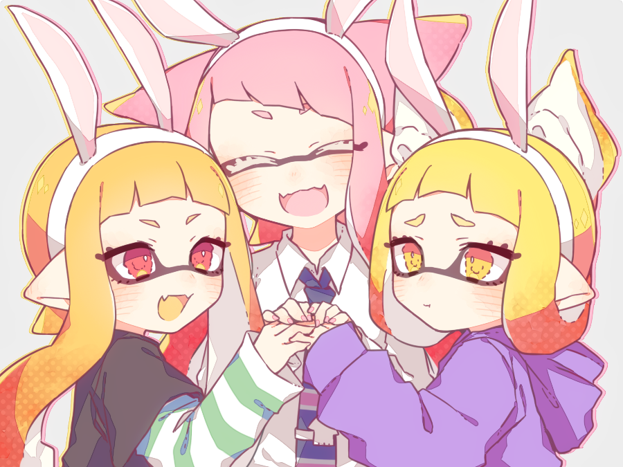 3girls animal_ears blonde_hair closed_eyes commentary diagonal_bangs holding_hands hood hoodie inkling inkling_girl inuowour long_hair multiple_girls open_mouth pink_hair pointy_ears pout purple_hoodie rabbit_ears red_eyes redhead simple_background splatoon_(series) symbol-only_commentary upper_body white_background yellow_eyes