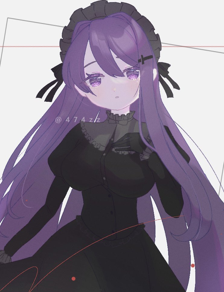 1girl :o anzen_robo_(474zz) black_dress black_gloves breasts cowboy_shot doki_doki_literature_club dress frilled_bonnet frills gloves grey_background hair_ornament hairclip hand_on_own_chest large_breasts long_hair long_sleeves looking_at_viewer purple_hair twitter_username violet_eyes yuri_(doki_doki_literature_club)