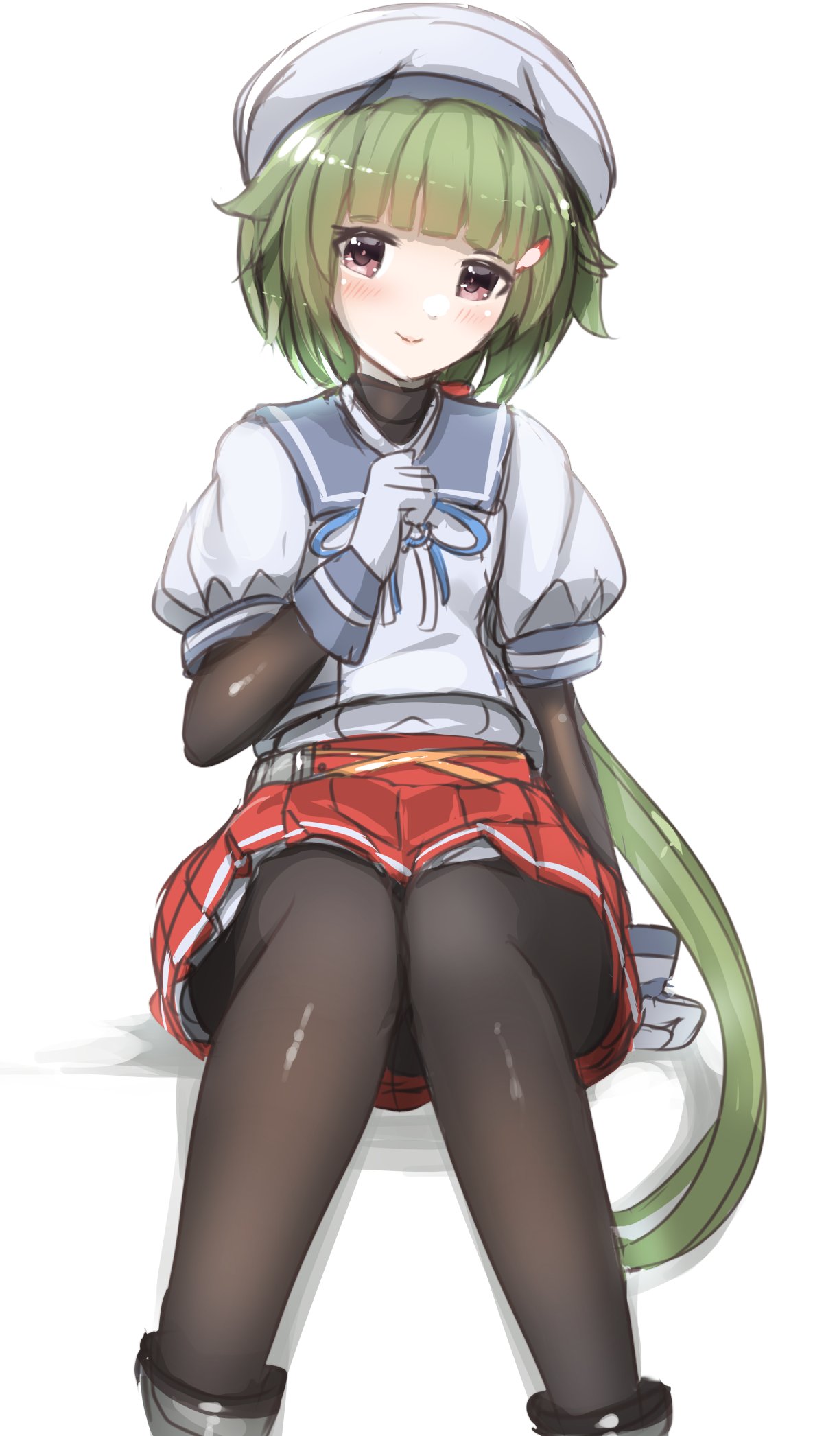1girl black_pantyhose blue_sailor_collar feet_out_of_frame gloves green_hair hat highres kantai_collection layered_sleeves long_hair long_sleeves low_ponytail noumi_(kancolle) one-hour_drawing_challenge pantyhose pleated_skirt red_skirt redundant-cat rudder_footwear sailor_collar sailor_hat sailor_shirt shirt short_over_long_sleeves short_sleeves simple_background skirt solo violet_eyes white_background white_gloves white_headwear white_shirt