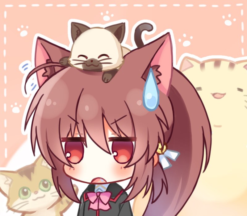 1girl ahoge animal_ear_fluff animal_ears animal_on_head bell blush brown_hair cat cat_ears cat_girl cat_on_head chibi commentary_request company_connection crossover doruji eyes_visible_through_hair fang hair_bell hair_between_eyes hair_ornament hair_ribbon haruchimo jingle_bell jitome kanon key_(company) little_busters! little_busters!_school_uniform long_hair looking_at_viewer motion_lines natsume_rin on_head open_mouth paw_print pink_background piro ponytail red_eyes ribbon school_uniform sidelocks simple_background solo sweatdrop upper_body very_long_hair white_ribbon