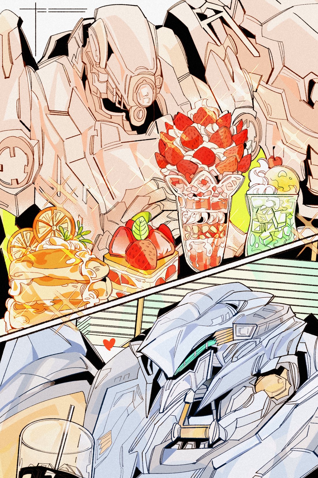 armored_core armored_core_6 cake cup drenched-in-sunlight drinking_straw food fruit heart highres loader_4 mecha mecha_focus no_humans one-eyed orange_(fruit) parfait robot science_fiction steel_haze strawberry upper_body whipped_cream