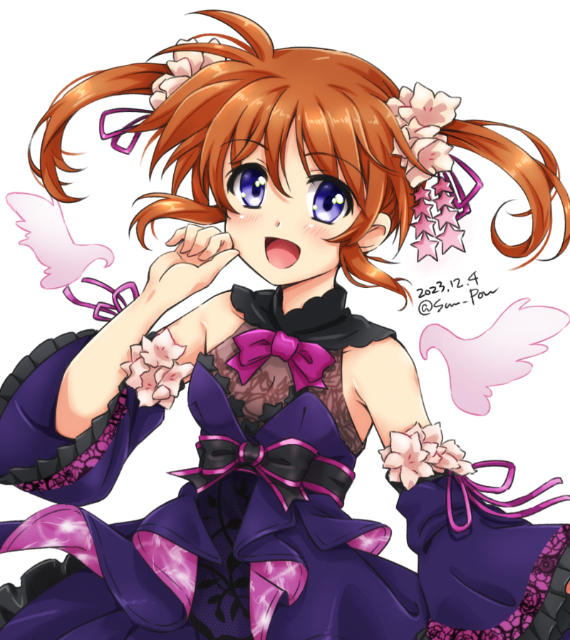1girl artist_name bare_shoulders blue_eyes blush breasts brown_hair dated looking_at_viewer lyrical_nanoha mahou_shoujo_lyrical_nanoha mahou_shoujo_lyrical_nanoha_a's open_mouth san-pon short_hair signature simple_background small_breasts smile solo takamachi_nanoha twintails upper_body white_background