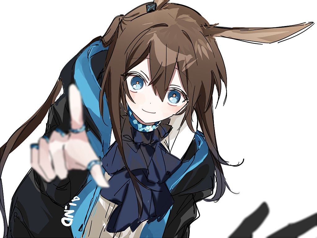 1girl amiya_(arknights) animal_ears arknights ascot black_jacket blue_ascot blue_eyes blue_jacket blurry blurry_foreground blush brown_hair commentary infection_monitor_(arknights) jacket jewelry long_hair looking_at_viewer multiple_rings ok_o_o outstretched_hand pointing pointing_at_viewer rabbit_ears rabbit_girl reaching reaching_towards_viewer ring shirt simple_background sleeveless sleeveless_shirt smile solo upper_body white_background white_shirt