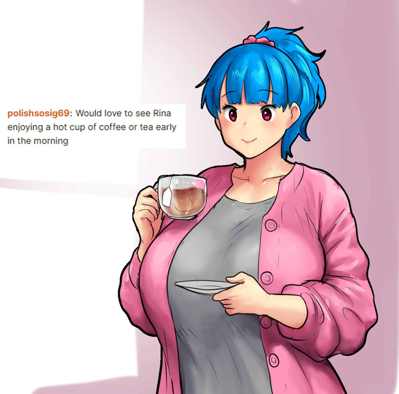 1girl blue_hair blush cardigan cup english_text erkaz highres holding holding_cup holding_plate original pink_cardigan plate ponytail red_eyes rina_atherina smile solo tea upper_body