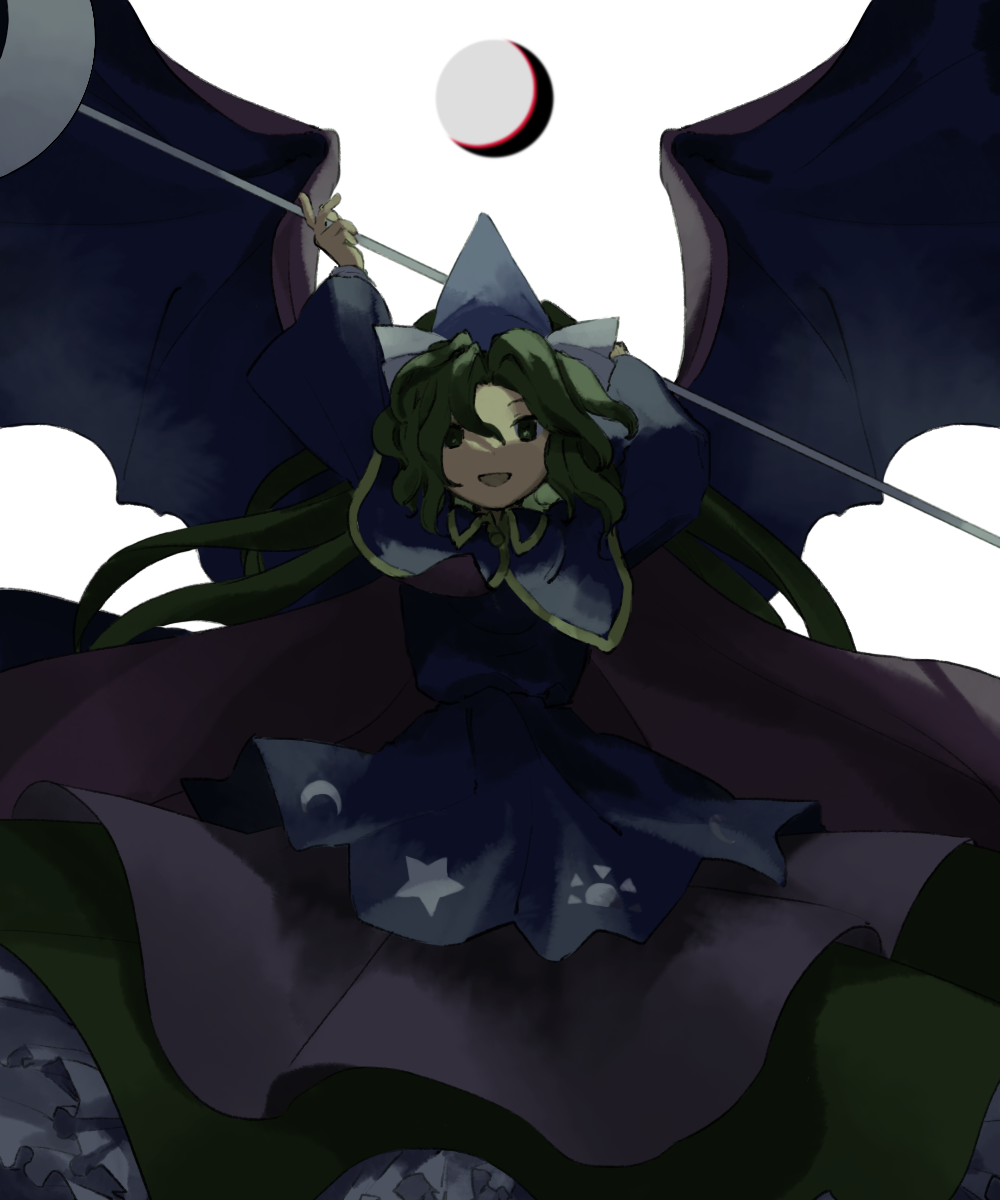 1girl blue_capelet blue_headwear cape capelet collared_capelet commentary_request crescent_print dress frilled_dress frills green_hair hat highres holding holding_staff kaigen_1025 layered_dress long_hair mima_(touhou) multicolored_clothes multicolored_dress open_mouth purple_cape simple_background solo staff star_(symbol) star_print sun_print touhou touhou_(pc-98) white_background wings