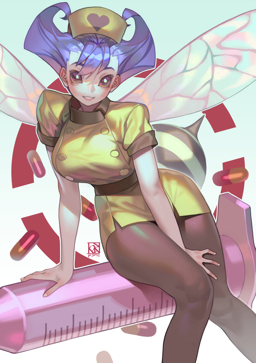 1girl arthropod_girl bee_girl between_legs black_eyes black_pantyhose black_sclera blue_hair breasts capsule colored_sclera hand_between_legs hat heart highres insect_wings large_breasts large_syringe looking_at_viewer monster_girl no_pupils nurse nurse_cap oversized_object pantyhose pill poch4n q-bee short_hair short_sleeves simple_background sitting smile stinger syringe uniform vampire_(game) white_background wings