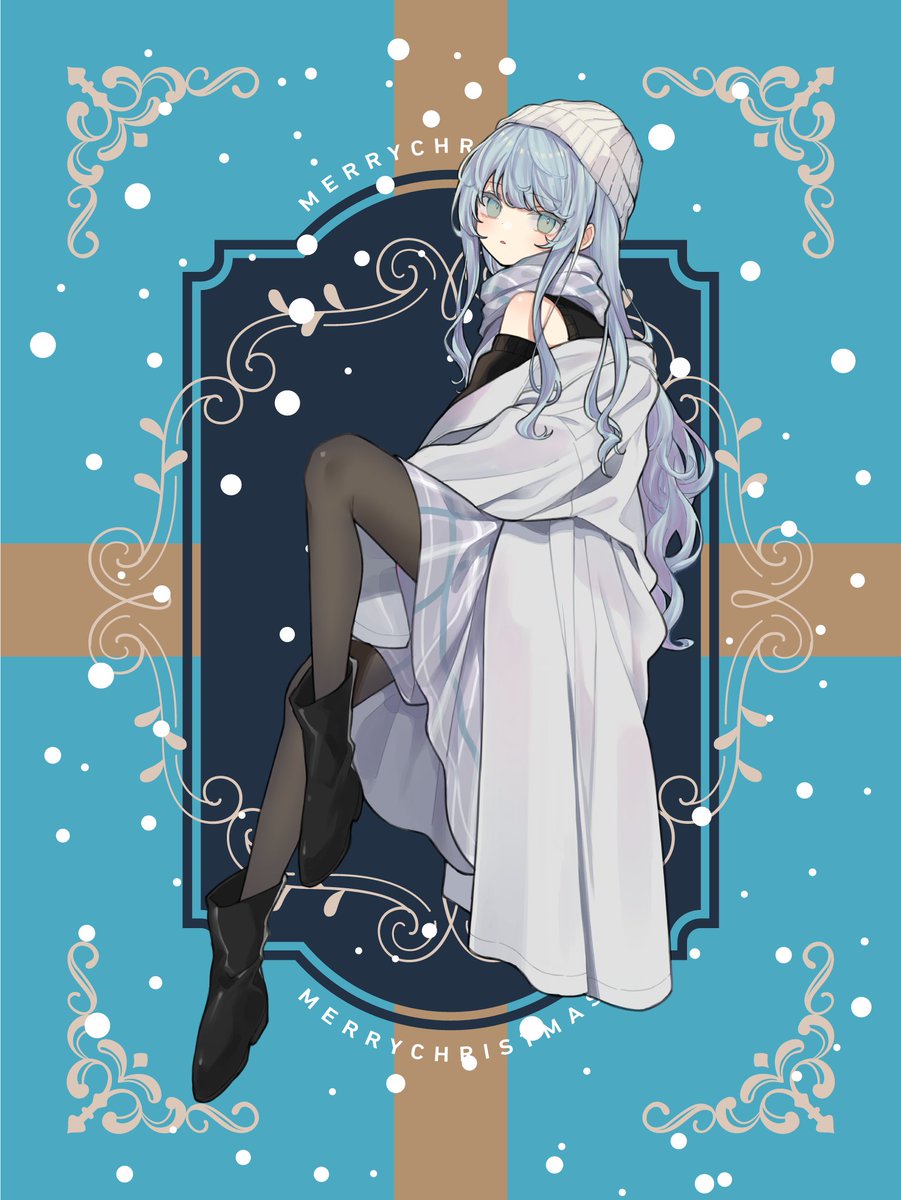 1girl beanie black_footwear black_pantyhose blue_background blue_eyes blue_hair boots closed_mouth coat commentary_request full_body grey_skirt hat highres indie_virtual_youtuber invisible_chair long_hair long_sleeves looking_at_viewer merry_christmas mimelond official_alternate_costume official_art pantyhose plaid plaid_skirt second-party_source sitting skirt solo somunia virtual_youtuber white_coat white_headwear winter_clothes