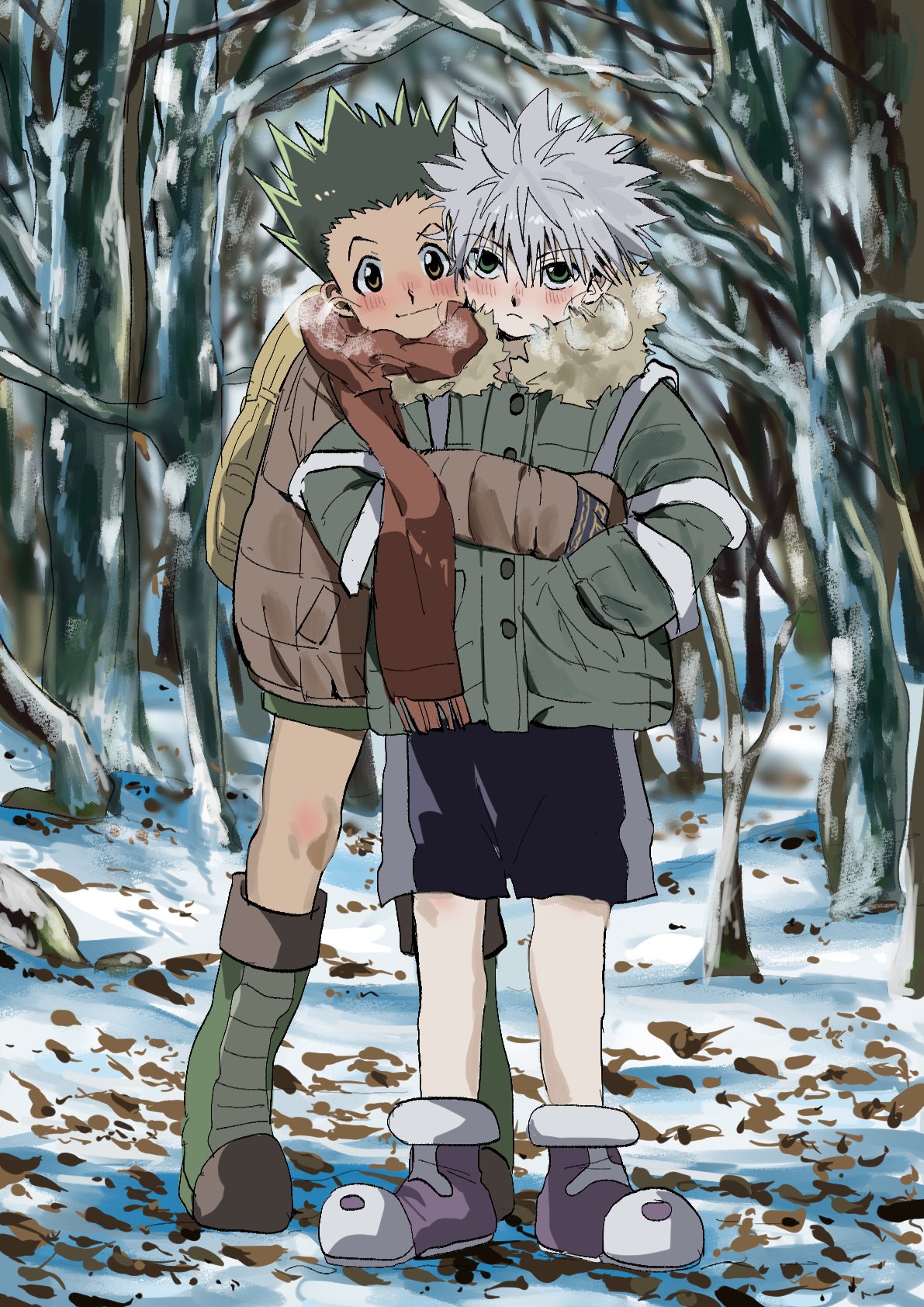 2boys blush breath brown_eyes buttons closed_mouth full_body gon_freecss green_eyes green_footwear green_hair grey_hair hands_in_pockets highres hunter_x_hunter kasukasugom1 killua_zoldyck looking_at_viewer male_focus multiple_boys purple_footwear red_scarf scarf shorts smile snow standing v-shaped_eyebrows winter