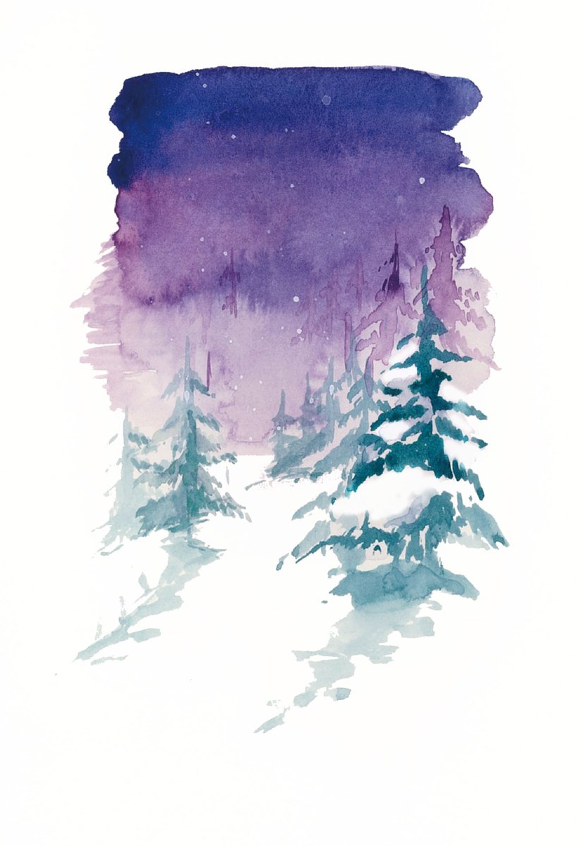 artworksmil forest nature night night_sky no_humans original painting_(medium) pine_tree purple_sky scenery sky snow snowing traditional_media tree watercolor_(medium)