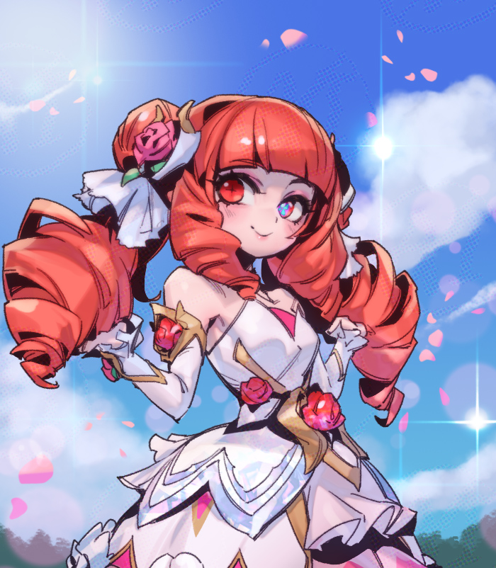 1girl bare_shoulders blunt_bangs breasts closed_mouth cowboy_shot crystal_rose_gwen day detached_sleeves double_bun dress drill_hair flower gwen_(league_of_legends) hair_bun hair_flower hair_ornament heterochromia league_of_legends long_hair official_alternate_costume outdoors petals phantom_ix_row pink_flower redhead rose small_breasts smile solo twin_drills twintails white_dress