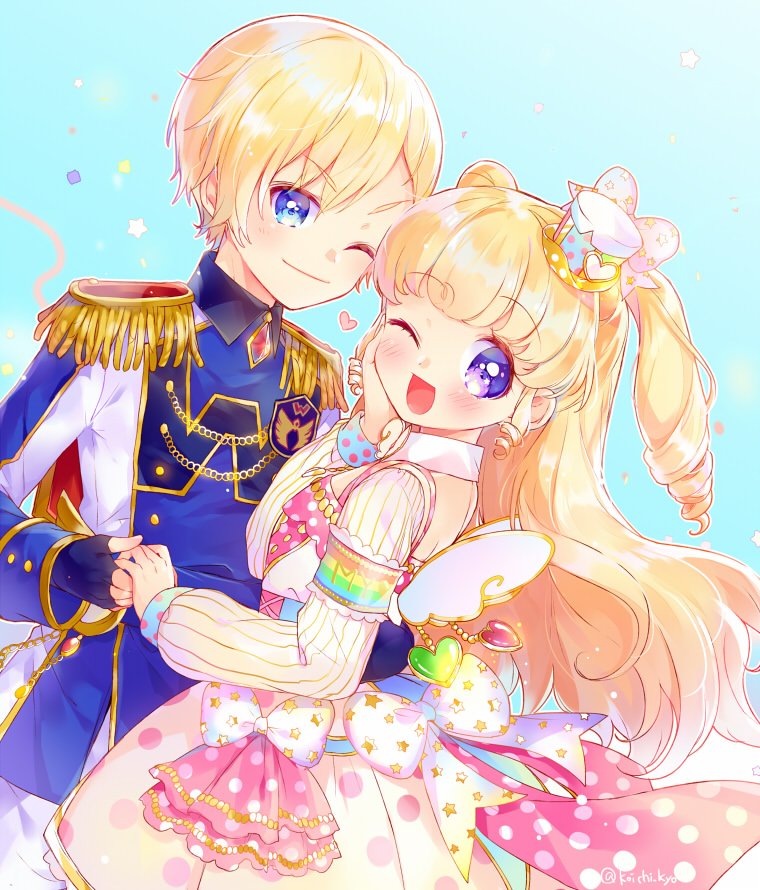 1boy 1girl ;d aiguillette blonde_hair blue_eyes blue_jacket blush bow brother_and_sister commentary_request dress epaulettes fake_wings gold_trim hand_on_own_cheek hand_on_own_face hand_up heart holding_hands idol_time_pripara jacket long_hair long_sleeves looking_at_viewer one_eye_closed open_mouth pretty_series pripara ringlets short_hair siblings smile standing star_(symbol) star_print touyama_soboro two_side_up violet_eyes white_bow white_dress white_wings wings yumekawa_shogo yumekawa_yui