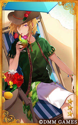 1boy argyle ariko beach beach_umbrella blonde_hair bob_cut bracelet brown_headwear bungou_to_alchemist card_(medium) clothes_around_waist cocktail cocktail_flower copyright_notice cup deck_chair drinking drinking_glass drinking_straw earrings feet_out_of_frame flower food fruit grapes green_jacket green_shirt hair_between_eyes hat hat_flower hibiscus holding holding_cup jacket jewelry kajii_motojirou_(bungou_to_alchemist) lemon looking_at_viewer lowres male_focus ocean official_art open_clothes open_jacket orchid outdoors red_flower shirt short_hair short_sleeves shorts sitting smile solo sun_hat t-shirt umbrella violet_eyes watermelon white_flower white_shorts yellow_flower